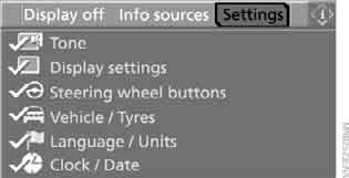 4. Выберите „Vehicle / Tyres“ (Автомобиль / шины) и нажмите на контроллер.